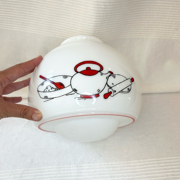 Vintage Milk Glass Shade Ceiling Light Deco Hand Painted Tea Kettle Kitchen - Picture 5 of 12